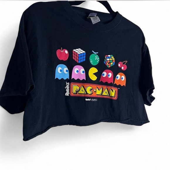 Retro Pac-Man Cropped Tee Black Gildan L 100% Cotton Gamer Graphic Shirt - Picture 2 of 5